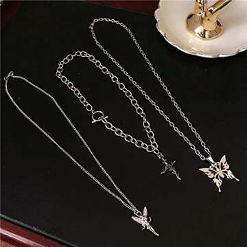 YERTTER Dainty Punk Layering Chunky Chain Choker Toggle Necklace Boho Jewelry Set Layered Butterfly Cross Angel Pendant Statement Necklace Festival Statement Necklace for Women Man