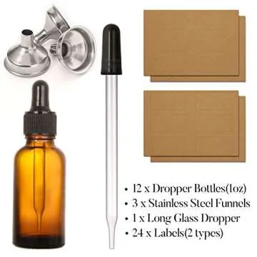 12 pcs, 1 oz Amber Dropper Bottles for Essential Oils w/ 3 Stainless Steel Funnels & 1 Long Glass Dr...