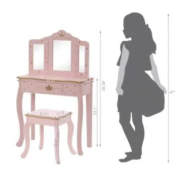 UTEX Pretend Play Kids Vanity Set with Mirror and Stool, Kids Make Up Vanity Desk with Mirrror for Little Girls, Children Makeup Dressing Table with Drawer, Pink