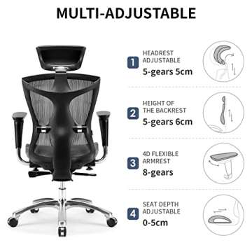 SIHOO Ergonomic Office Chair with 4D Arms, 2-Way Lumbar Support, Depth Adjustable Seat, PU Headrest, Height Adjustable Backrest, High Back Computer Desk Chair (Grey)