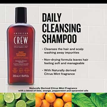 Shampoo for Men by American Crew, Daily Cleanser, Naturally Derived, Vegan Formula, Citrus Mint Fragrance, 15.2 Fl Oz