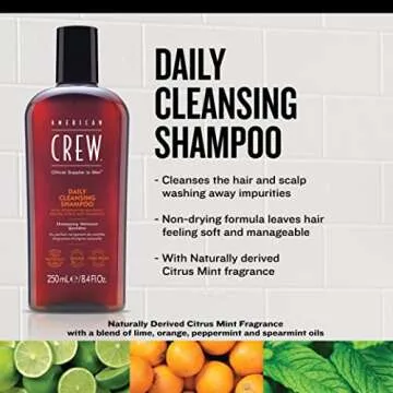 Shampoo for Men by American Crew, Daily Cleanser, Naturally Derived, Vegan Formula, Citrus Mint Fragrance, 15.2 Fl Oz