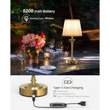 Aiscool Cordless LED Table Lamp with Dimmer, Built-in 5200mAh Rechargeable Battery, 3-Level Brightness, Touch Bedside Table Lamp for Bedroom, Night Lamp for Living Room, Fabric Shade, Gold