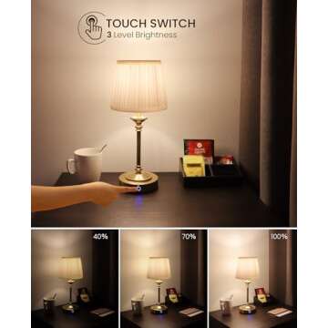 Aiscool Cordless LED Table Lamp with Dimmer, Built-in 5200mAh Rechargeable Battery, 3-Level Brightness, Touch Bedside Table Lamp for Bedroom, Night Lamp for Living Room, Fabric Shade, Gold