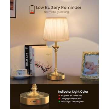 Aiscool Cordless LED Table Lamp with Dimmer, Built-in 5200mAh Rechargeable Battery, 3-Level Brightness, Touch Bedside Table Lamp for Bedroom, Night Lamp for Living Room, Fabric Shade, Gold