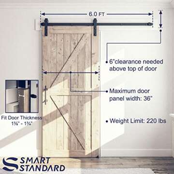 SMARTSTANDARD 6FT Sliding Barn Door Hardware Whole Kit (Include 6ft Track Kit & Pull Handle Set & Floor Guide), Smoothly and Quietly, Easy to Install, Fit 36" Wide Door Panel (J Shape)