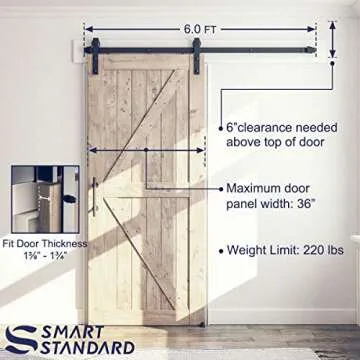 SMARTSTANDARD 6FT Sliding Barn Door Hardware Whole Kit (Include 6ft Track Kit & Pull Handle Set & Floor Guide), Smoothly and Quietly, Easy to Install, Fit 36" Wide Door Panel (J Shape)