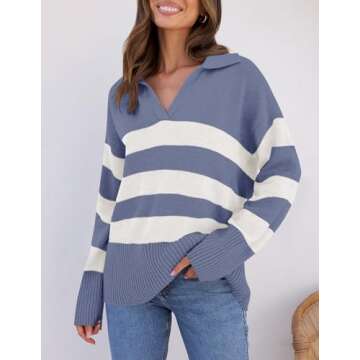 ZESICA Women's Winter Sweaters Lapel V Neck Long Sleeve Striped Chunky Knit Oversized Pullover Sweater Jumper Tops,Dustyblue,Large