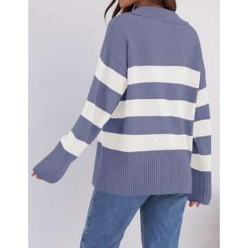 ZESICA Women's Winter Sweaters Lapel V Neck Long Sleeve Striped Chunky Knit Oversized Pullover Sweater Jumper Tops,Dustyblue,Large