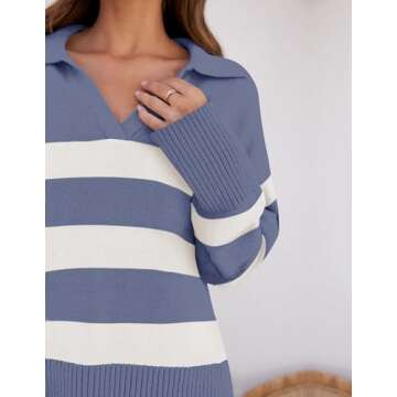ZESICA Women's Winter Sweaters Lapel V Neck Long Sleeve Striped Chunky Knit Oversized Pullover Sweater Jumper Tops,Dustyblue,Large