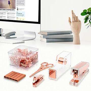 Gutyble Rosegold Office Supplies Set,Package Contains Stapler,Tape Dispenser,Staple Remover,Scissors,Binder Clips,Paper Clips,Push Pins and 1000pcs Staples.Acrylic Office Desk Accessories Kits