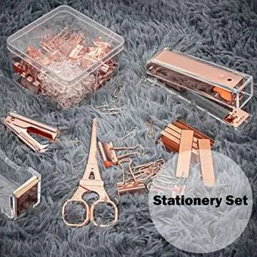 Gutyble Rosegold Office Supplies Set,Package Contains Stapler,Tape Dispenser,Staple Remover,Scissors,Binder Clips,Paper Clips,Push Pins and 1000pcs Staples.Acrylic Office Desk Accessories Kits