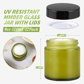 4oz Glass Jars with Lids, HOA Kinh 12 Pack Green Frosted Glass Jars with Lid Empty Cosmetic Containers Round Airtight Glass Jar with Black Lids for Storing Lotions, Powders, and Ointments