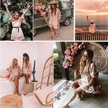 R.Vivimos Women's Autumn 3/4 Sleeve Cotton V Neck Floral Embroidery Casual Tunic Dresses (Small, Beige)