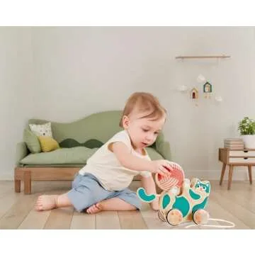 Hape Wooden Walk-A-Long Kitten Pull Toy| Roll & Rattle Push Pull Toy for Toddler| Montessori Toys for Walking Toddlers, Green