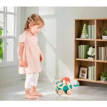 Hape Wooden Walk-A-Long Kitten Pull Toy| Roll & Rattle Push Pull Toy for Toddler| Montessori Toys for Walking Toddlers, Green
