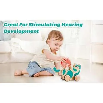 Hape Wooden Walk-A-Long Kitten Pull Toy| Roll & Rattle Push Pull Toy for Toddler| Montessori Toys for Walking Toddlers, Green