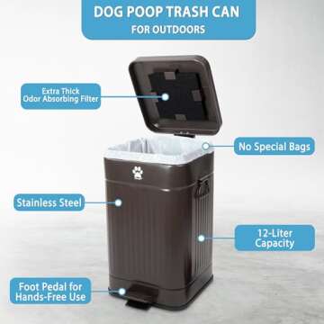 Nevink Dog Poop Trash Can Outside - Outdoor Dog Waste Trash Can with Lid - Odor Proof Waste Station Container for Backyard - 12L/3.2Gal (Mulch)