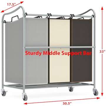 Heavy Duty 3-Bag Laundry Sorter Rolling Cart