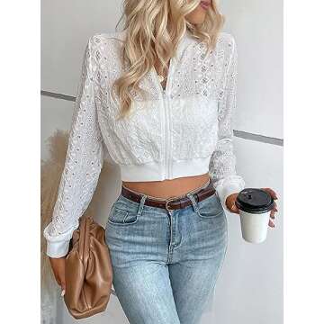 SweatyRocks Women's Eyelet Embroidery Sheer Crop Coat Casual Long Sleeve Full Zip Bomber Jacket White Small