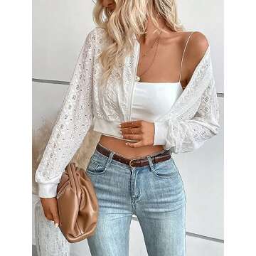 SweatyRocks Women's Eyelet Embroidery Sheer Crop Coat Casual Long Sleeve Full Zip Bomber Jacket White Small