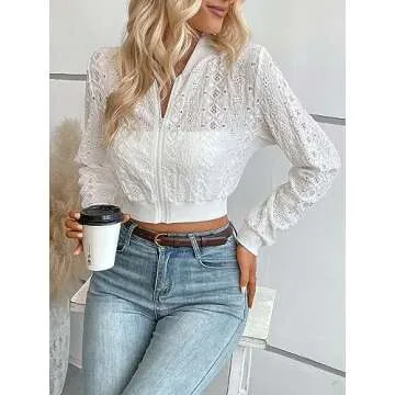 SweatyRocks Women's Eyelet Embroidery Sheer Crop Coat Casual Long Sleeve Full Zip Bomber Jacket White Small