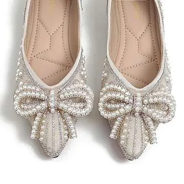 YQRUIMIAO Flats Shoes Women Rhinestone Wedding Flats Pointed Toe Ballet Flat Shoe Low Heel Dress Shoes Sparkly Flats for Women Apricot Size - 10.5