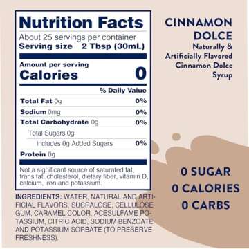 Jordan's Skinny Syrups Sugar Free Coffee Syrup, Cinnamon Dolce Flavor Drink Mix, Zero Calorie Flavoring for Chai Latte, Protein Shake, Food and More, Gluten Free, Keto Friendly, 25.4 Fl Oz, 1 Pack