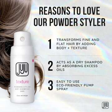 Juju Styling Texture Powder & Dry Shampoo Powder Pump 2 oz Powder Styler Dry Shampoo (Dark) - Natural Volumizing Hair Powder, Oil-Absorbing Dry Shampoo, Travel Size Hair Care for All Hair Types