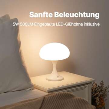 MAGCHARM Mushroom Lamp, 5W LED Cordless Rechargeable Table Lamp with Glass Shade, Small Retro Dimmable Touch Light with 3 Color Temps, Aesthetic Mid Century Bedside Light for Bedroom Ambient, White
