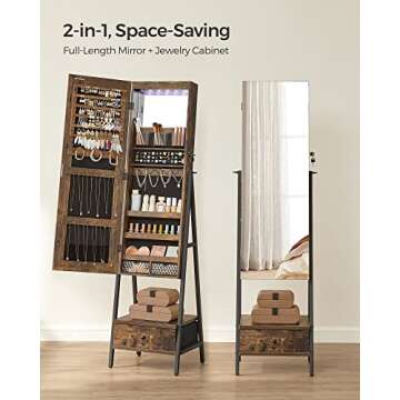 SONGMICS LED Cabinet Standing, Lockable Jewelry Armoire with Full-Length Mirror, Space-Saving Jewelry Organizer with Mirror, Bottom Drawer and Shelf, Gift Idea, Rustic Brown UJJC025X01