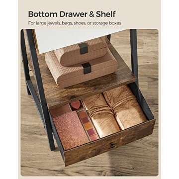 SONGMICS LED Cabinet Standing, Lockable Jewelry Armoire with Full-Length Mirror, Space-Saving Jewelry Organizer with Mirror, Bottom Drawer and Shelf, Gift Idea, Rustic Brown UJJC025X01