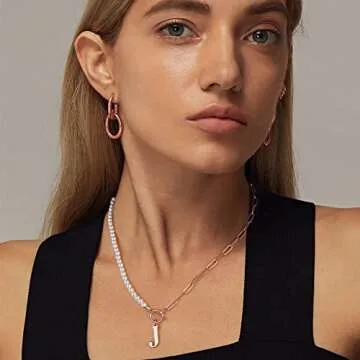 Initial Pearl Necklace for Women, 14K Rose Gold Plated Paperclip Link Chain Necklace Toggle Clasp Necklace Initial Pearl Chain Necklaces for Women Letter A