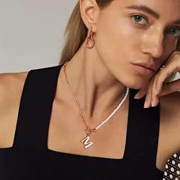 Initial Pearl Necklace for Women, 14K Rose Gold Plated Paperclip Link Chain Necklace Toggle Clasp Necklace Initial Pearl Chain Necklaces for Women Letter A