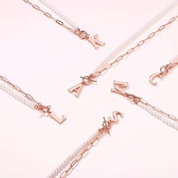 Initial Pearl Necklace for Women, 14K Rose Gold Plated Paperclip Link Chain Necklace Toggle Clasp Necklace Initial Pearl Chain Necklaces for Women Letter A