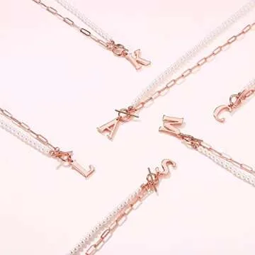 Initial Pearl Necklace for Women, 14K Rose Gold Plated Paperclip Link Chain Necklace Toggle Clasp Necklace Initial Pearl Chain Necklaces for Women Letter A