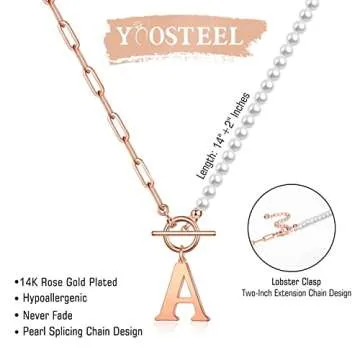 Initial Pearl Necklace for Women, 14K Rose Gold Plated Paperclip Link Chain Necklace Toggle Clasp Necklace Initial Pearl Chain Necklaces for Women Letter A