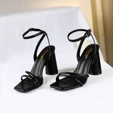 RIBONGZ Black Chunky Block Heeled Sandals for Women