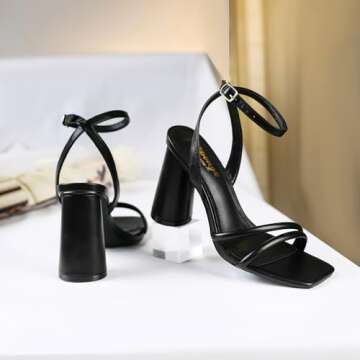 RIBONGZ Black Chunky Block Heeled Sandals for Women
