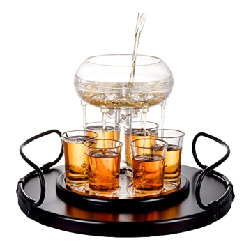 Bezrat Shot Glass Dispenser Gift Set - Rich Wood Mahogany Serving Tray - 6 Shot Acrylic Glass Dispen...