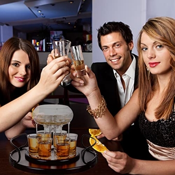 Bezrat Shot Glass Dispenser Gift Set - Rich Wood Mahogany Serving Tray - 6 Shot Acrylic Glass Dispenser and Holder - Whiskey, Liquids, Drinks, Beverages, Cocktail for Drinking Games, Parties and Bars