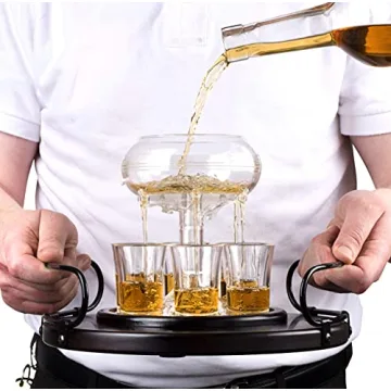 Bezrat Shot Glass Dispenser Gift Set - Rich Wood Mahogany Serving Tray - 6 Shot Acrylic Glass Dispenser and Holder - Whiskey, Liquids, Drinks, Beverages, Cocktail for Drinking Games, Parties and Bars