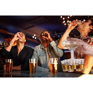 Bezrat Shot Glass Dispenser Gift Set - Rich Wood Mahogany Serving Tray - 6 Shot Acrylic Glass Dispenser and Holder - Whiskey, Liquids, Drinks, Beverages, Cocktail for Drinking Games, Parties and Bars