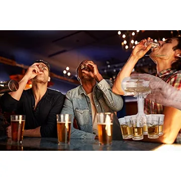 Bezrat Shot Glass Dispenser Gift Set - Rich Wood Mahogany Serving Tray - 6 Shot Acrylic Glass Dispenser and Holder - Whiskey, Liquids, Drinks, Beverages, Cocktail for Drinking Games, Parties and Bars