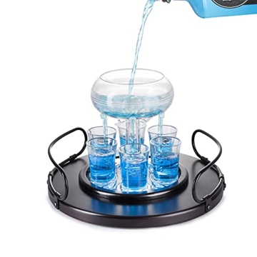 Bezrat Shot Glass Dispenser Gift Set - Rich Wood Mahogany Serving Tray - 6 Shot Acrylic Glass Dispenser and Holder - Whiskey, Liquids, Drinks, Beverages, Cocktail for Drinking Games, Parties and Bars