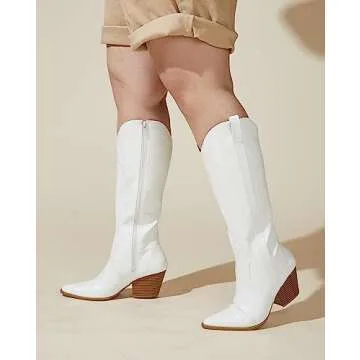 Arromic Wide Calf Cowgirl Boots for Women, Western Cowboy Boots for Women Knee High Tall Pointed Toe Embroidered Pull On Zipper Stitching Chunky Heel Fashion Boots