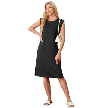 GRECERELLE Womens Summer Round Neck Loose Split Casual Midi Beach Dress with Pockets (X-Large, Black...