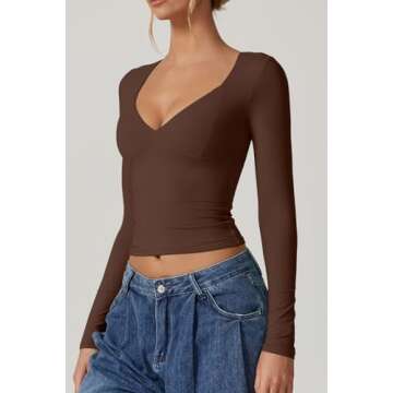 QINSEN Long Sleeve Shirts for Women Sexy V Neck Seamed Cup Tee Shirt Double Lined Going Out Tops Coffee Bean M