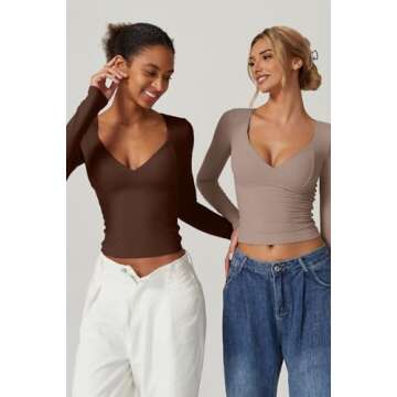 QINSEN Long Sleeve Shirts for Women Sexy V Neck Seamed Cup Tee Shirt Double Lined Going Out Tops Coffee Bean M