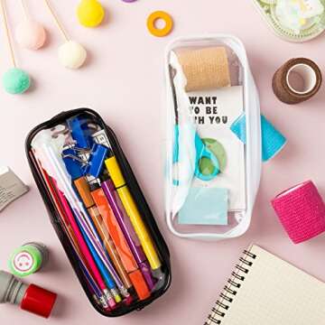 Fainne 50 Pcs Clear Pencil Pouch bulk Clear Pencil Case PVC Waterproof Travel Toiletry Makeup Bags with Zipper for Office Stationery(Black, White)